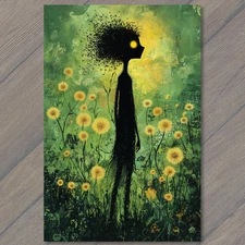 Art Print Glowing Eyes Creature Black Silhouette Dandelions Strange Green Field