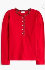 J.Crew Women’s Tartan Plaid Red Jeweled Button Henley Tunic Top NWT Size L