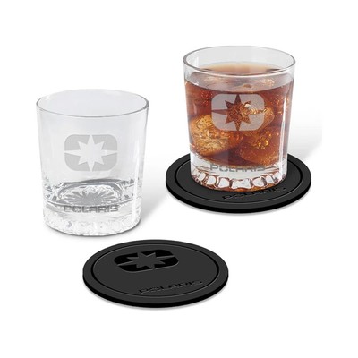 Polaris Logo Branded Etched Low Ball Glasses With Decorative Coasters