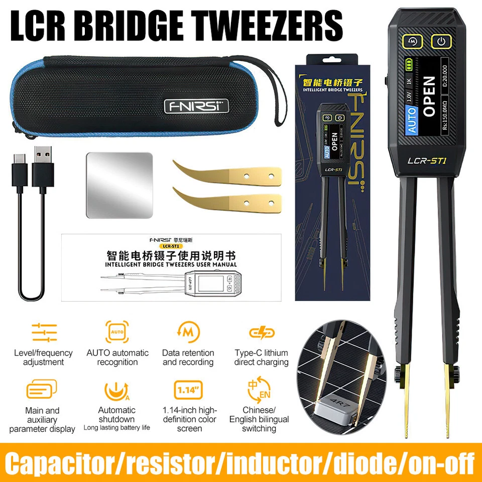 FNIRSI LCR-ST1 Mini Smart Tweezer LCR SMD ESR Tester Multimeter Cap Inductance