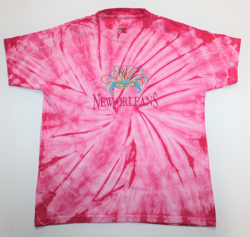 Hanes Pink Tie Dye Girl's Cotton T-Shirt New Orleans Embroidered Front Size: Y S