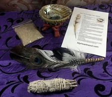 DELUXE SMUDGE KIT ABALONE SHELL STAND SAND SAGE FEATHER  CLEANSING CLEARING 