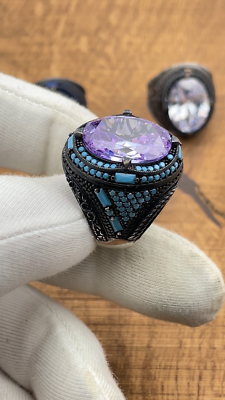 Solid 925 Sterling Silver Men's Ring With Simulated Amethyst – Faceted Purple Stone, Ottoman Design, Sizes 8-13 - View #3