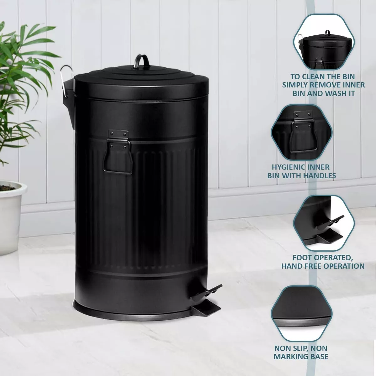 30L American Pedal Bin Kitchen Bathroom US Style Retro Rubbish Waste Bin BLACK