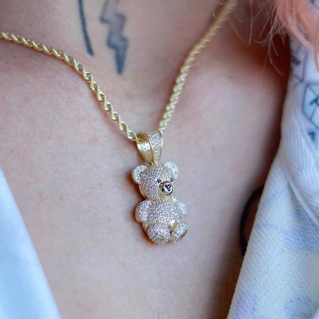14K Yellow Gold CZ Pave Puffed Teddy Bear Pendant 1.3