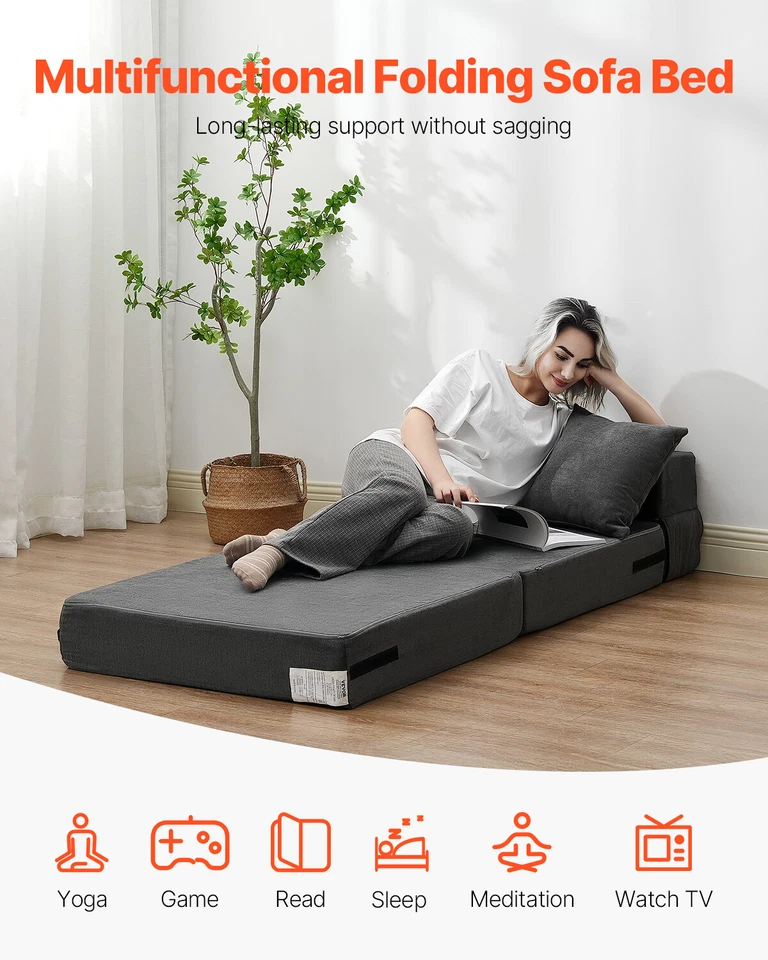 Uimoso Folding Sofa Bed 3-in-1 Foldable Couch with 2 Pillows Dark Grey Single - Image 2 of 4
