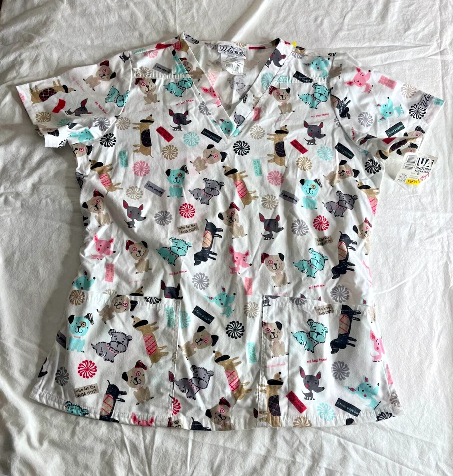 Cute Dog Print Womens Scrub Top S By UA Scrubs - Cotton/Polyester - Pockets Vet - Image 2 of 4