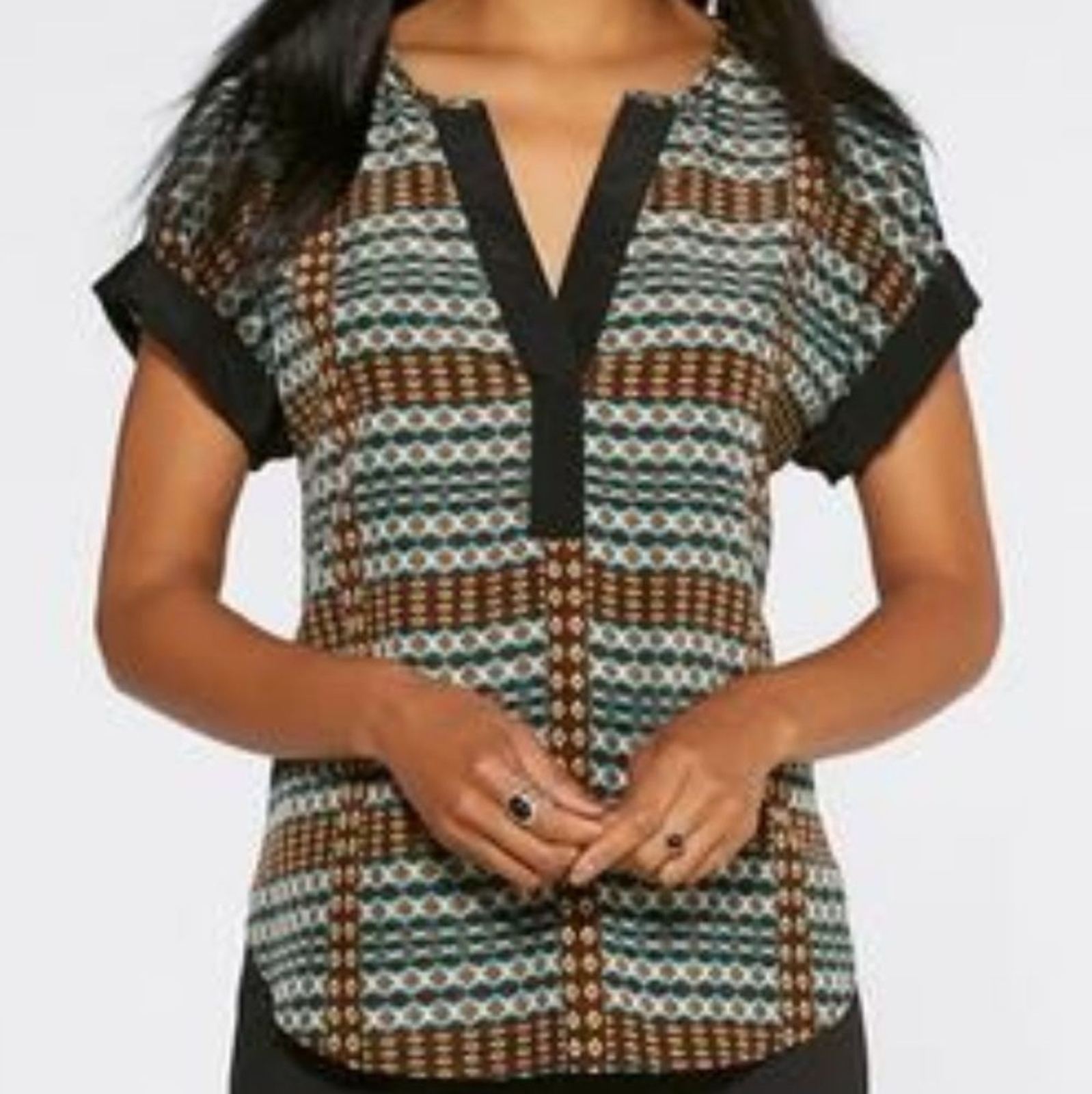Cato Multicolored Geometric Split Neck Short Slee… - image 1