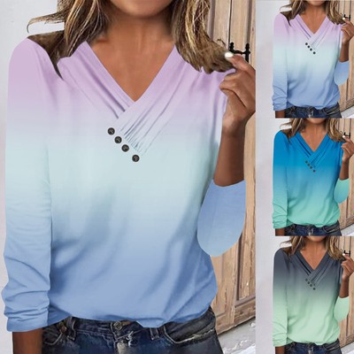 Women's Button Pleated V Neck T Shirt Gradient Print  Long Sleeve Casual Blouse