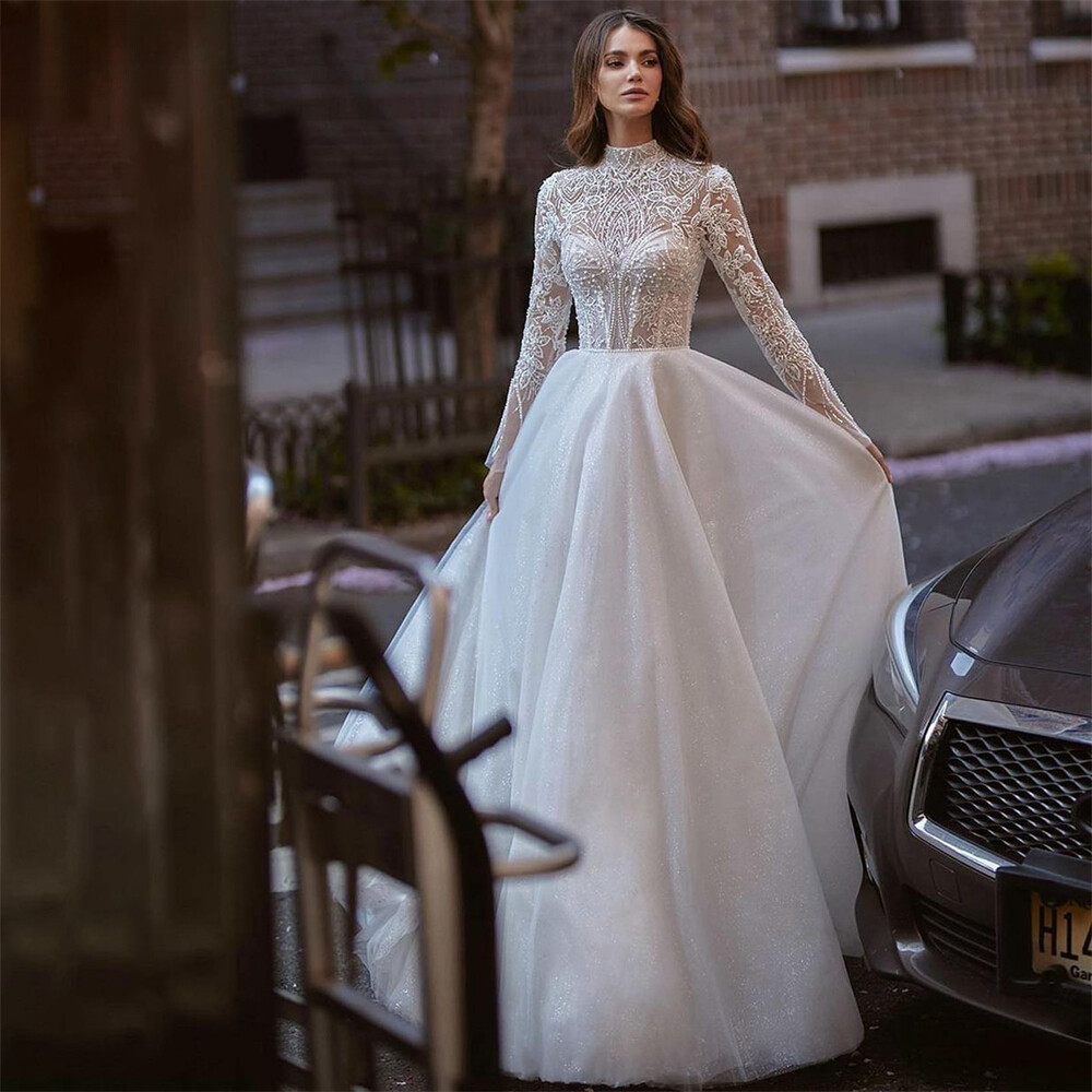 Vintage Lace Appliques A-Line Wedding Dresses Long Sleeve High Neck Bridal  Gowns