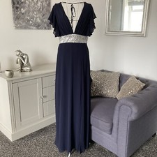TFNC Navy Chiffon Low Plunge Angel Sleeve Sequin Waist Side Split Maxi Dress 10