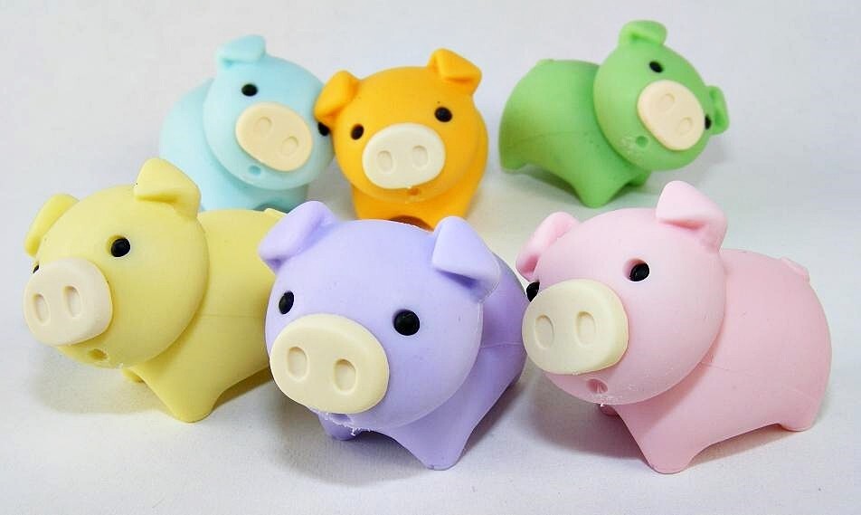 Gomas Kawaii Conjunto De 5 Cerdos Multicolor Iwako Japonés Eraser Collection