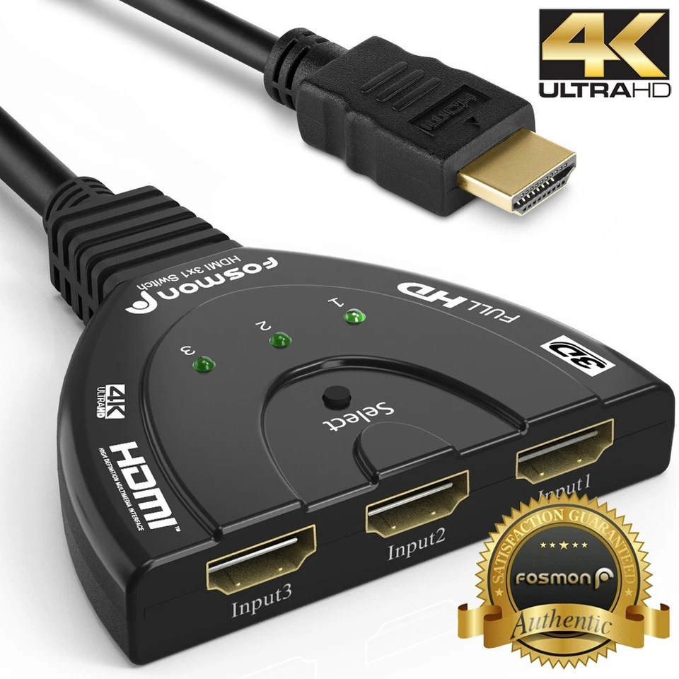 Fosmon 3x1 3 Port Gold Plated 4K UHD 3D High Speed Braided HDMI Switch Plug