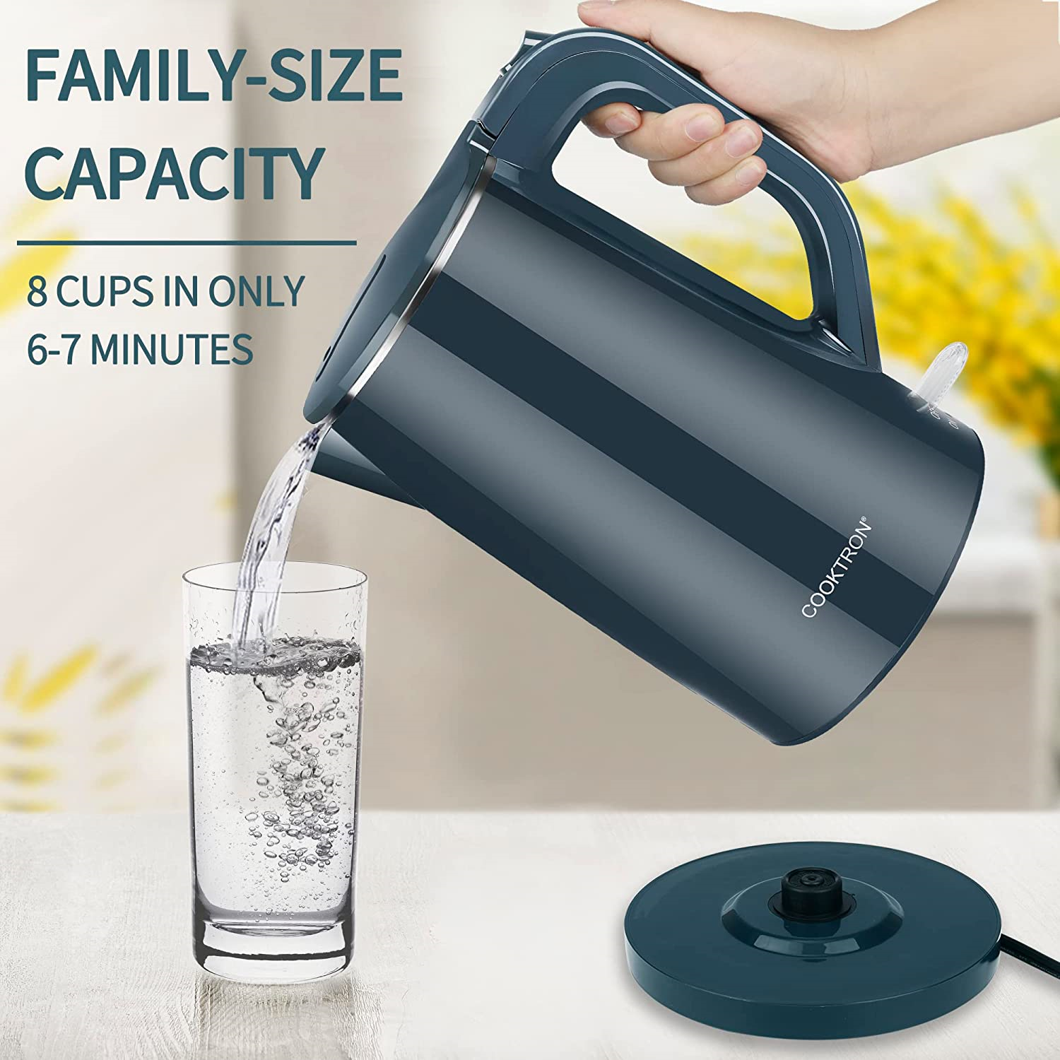 COOKTRON 1.7L Quiet Electric Kettle Double Wall Hot Water Boiler BPA