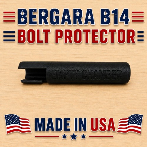 Black cylindrical Bergara B14 bolt protector with empty chamber, made in USA, shown with red and white flag.