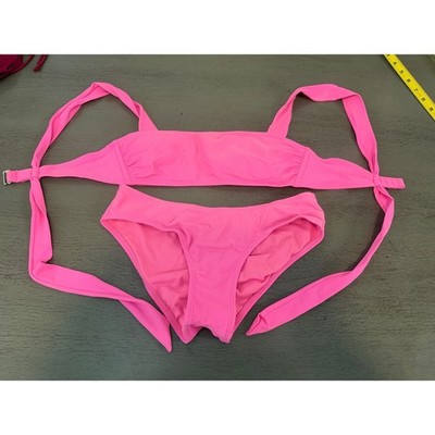 Xhilaration Neon Pink Ruched Bikini Set Top M Bottom S Bandeau Tie Strap