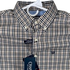 Chaps Mens Easy Care Woven Shirt Tan Blue Check Stretch Size Medium New