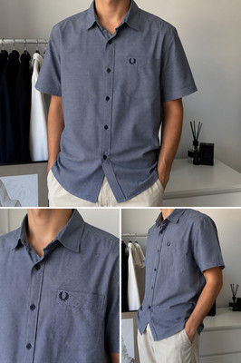 Fred Perry Men's XL 100% Cotton Pique Check Short Sleeve Button Up Shirt Blue