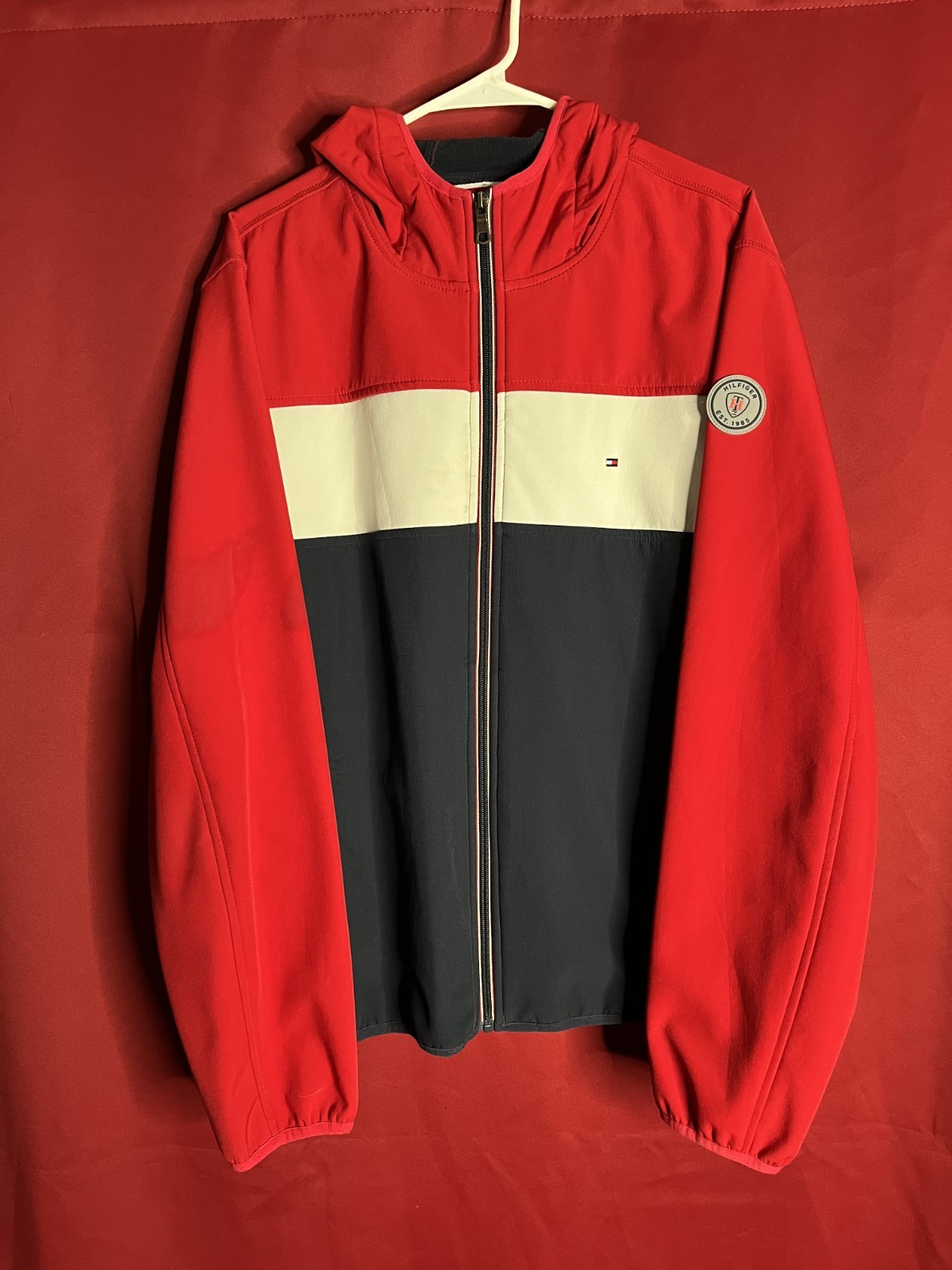 Tommy Hilfiger Colorblock Full Zip Hoodie Red White Navy Knit Long Sleeve