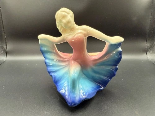 Vintage Art Deco Dancing Lady Planter Hull? Shawnee? USA Pottery Purple Blue 5"
