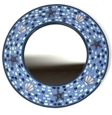 Blue Round Mirror Seaside Shell Marine Themed Mosaic Style Wall Hanging Decor