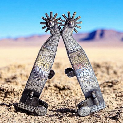 Vintage Sterling Silver Overlay 12 Point Rowel Steel Double Mount Show Spurs