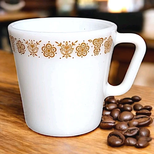Vintage Pyrex Brown "Butterfly Gold" Coffee Cup Milk Glass D Handle 10 Oz Mug