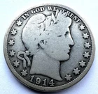 Rare 1914 Silver Barber Half Dollar, Good/VG Condition, Partial Liberty LITY