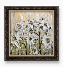 White Daisies in Bloom Oil Painting Framed Wildflowers Art Modern Floral Artwork