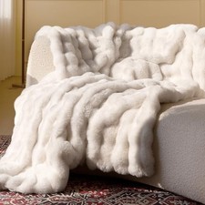 Ultra Soft Cozy Faux Fur Blanket, Fuzzy Plush Thick Bubble Throw Cream White