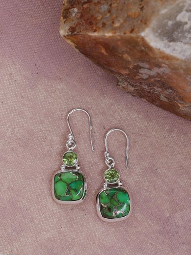 Green Copper Turquoise & Peridot Earrings 925 Sterling Silver Dainty Earrings - Picture 4 of 7