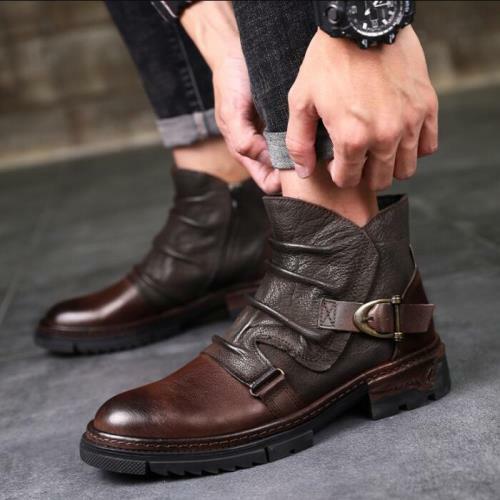 Retro Mens High Top Real Leather Biker Ankle Boots Shoes Work Buckle Cowboy 44 L - Picture 11 of 12