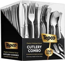 150 Silver Plastic Silverware Set - Disposable Flatware Cutlery - 50 Forks, 50 S