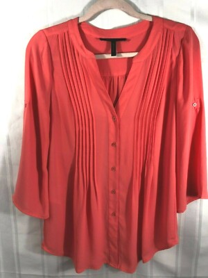 BCBGMaxAzria Coral Women's Size:XXS 3/4 Sleeve V-Neck Pleated Button Down Blouse