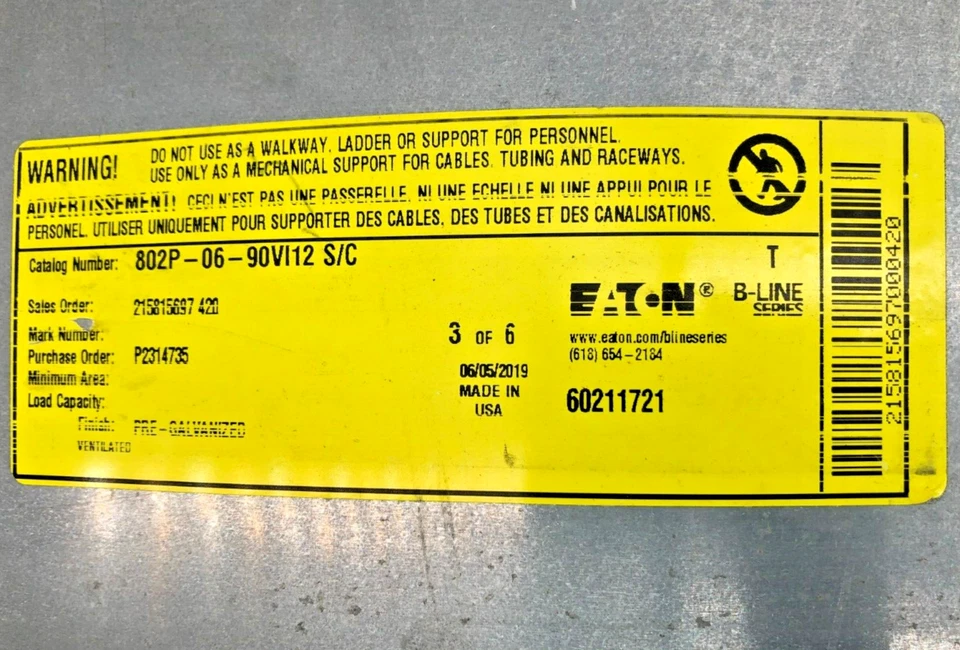 New Eaton B-Line 802P-06-90VI12 S/C Cable Tray 6" Width - Image 3 of 4
