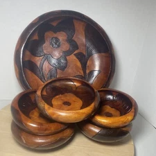 Wood Floral Multi Color Engraved Salad Serving Bowl & 5 Salad Bowls 6Piece Set