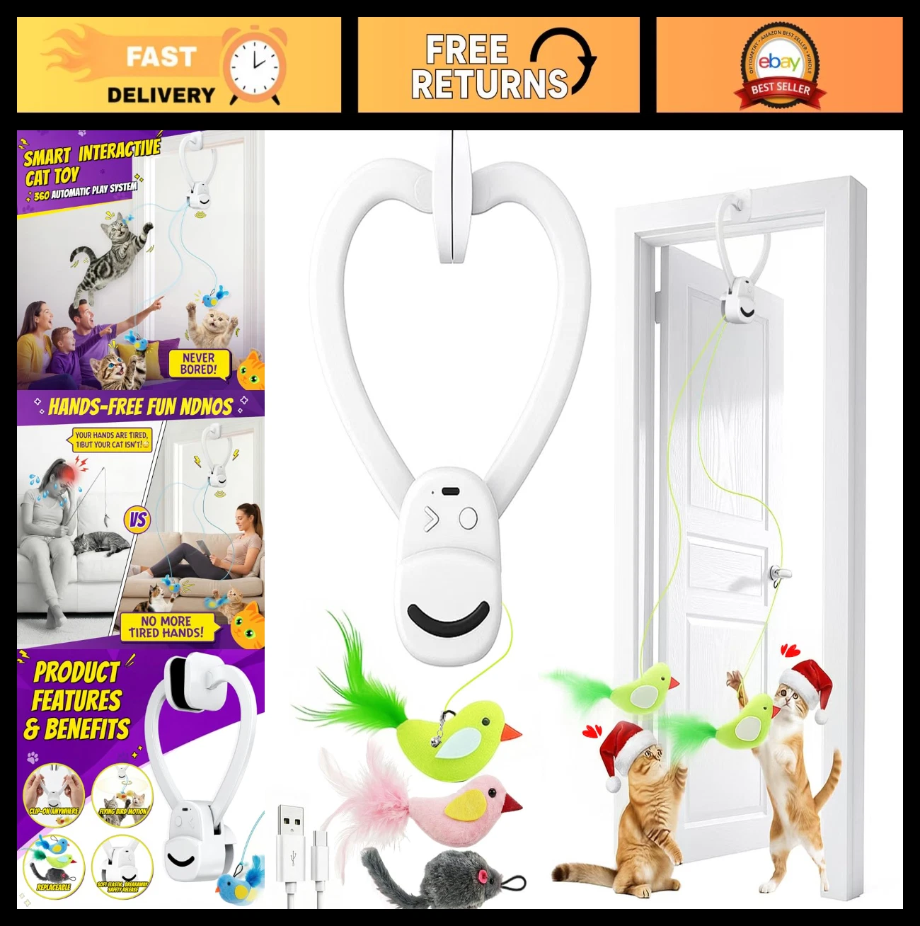 Interactive Cat Toy - Automatic Flying Bird Feather Wand, USB Rechargeable, Safe