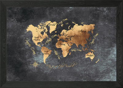 Weltkarte Gold Schwarz Gerahmtes Wandbild Poster Leinwanddruck Bild