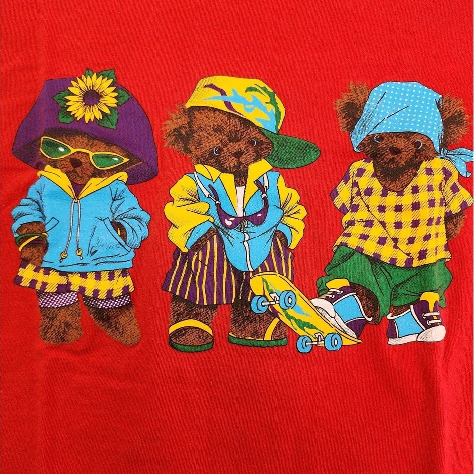 Camiseta gráfica de algodón vintage años 90 Gildan Top para mujer L roja hip hop patinador oso de peluche Foto 3 de 4