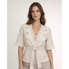 Elie Tahari Womens Small Cream Tan Embroidere...