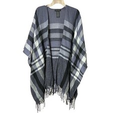 Banana Republic Cashmere Wool Blend Plaid Open Front Poncho Cape Fringe Unisex