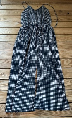Albion Women s Gingham Cinch Waist Wide Leg Jumpsuit size M Black White Sf15