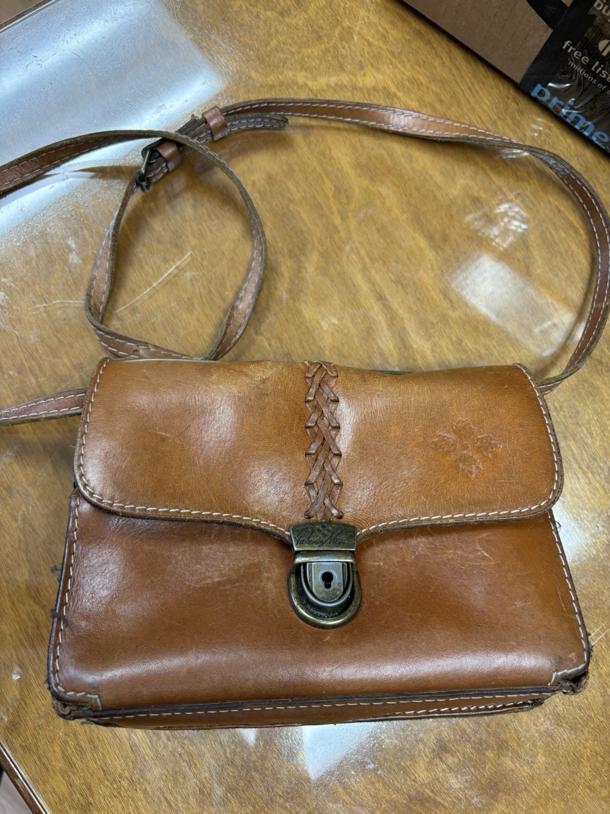 Genuine Leather Vintage Patricia Nash Brown Crossbody Bag With Buckle Closure