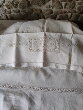 Antico raro lenzuolo matrimoniale con federe ricamo ago punto gigliuccio lino
