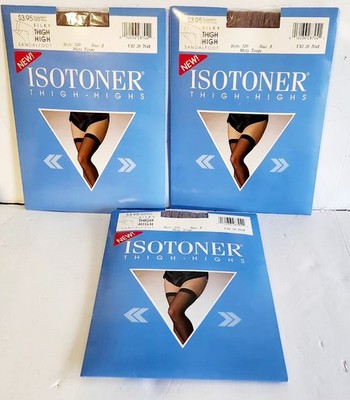 3 VTG ISOTONER Thigh High Pantyhose Stockings Silky Sheer MISTY TAUPE Size 3 New
