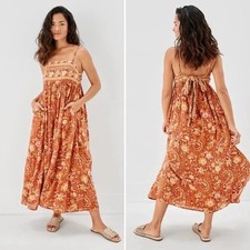American Eagle AEO Floral Tie Back Midi Tube BOHO A-Line Orange Dress XL NEW