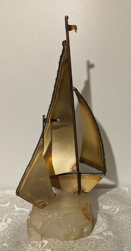 Vintage Brutalist Metal Sailboat - 9.5" Sculpture on Onyx - Artist Signed MCM - Picture 4 of 6