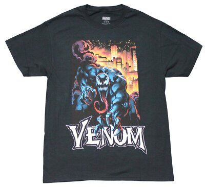 Venom New Adult T-Shirt - Diving In Front of Glowing Fire City