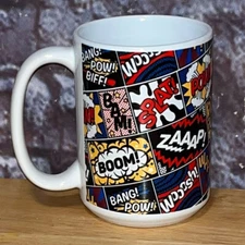 Society6 coffee mug Comic Book Quotes Boom! WHAM! Zaaap! Bam! 14oz EUC