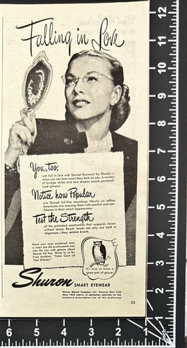1946 Shuron Smart Eyewear Owl Woman Falling in Love Geneva NY Vintage Print Ad - Picture 2 of 6